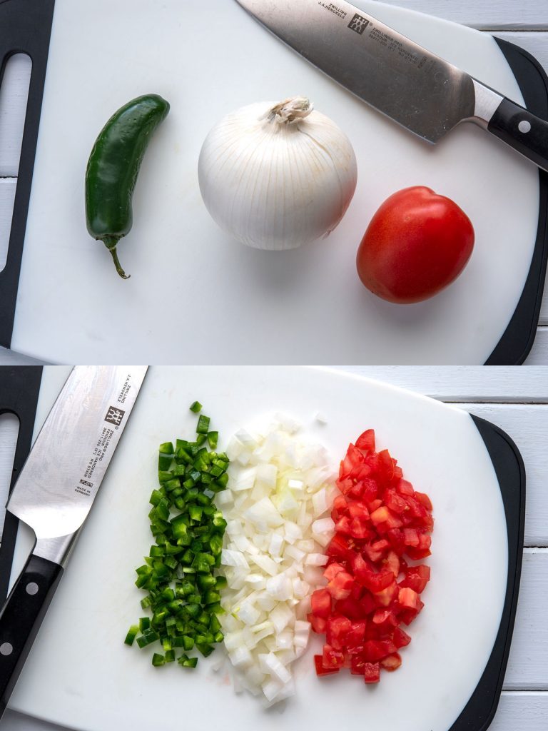 Collage of diced jalapeno, onion and tomato on cutting board