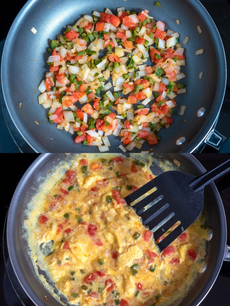 Upper photo: sauteed tomato, onion and jalapeno. Lower image: veggies scrambled with eggs