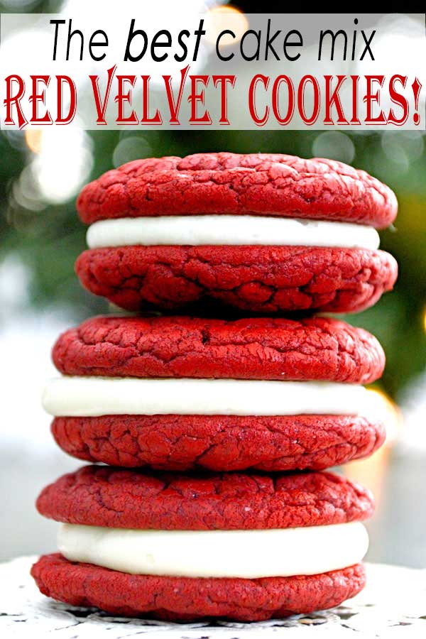 The best soft crinkle top red velvet cookies with cream cheese frosting! So festive for Christmas or Valentine's Day! [Recipe tested with Duncan Hines cake mix]