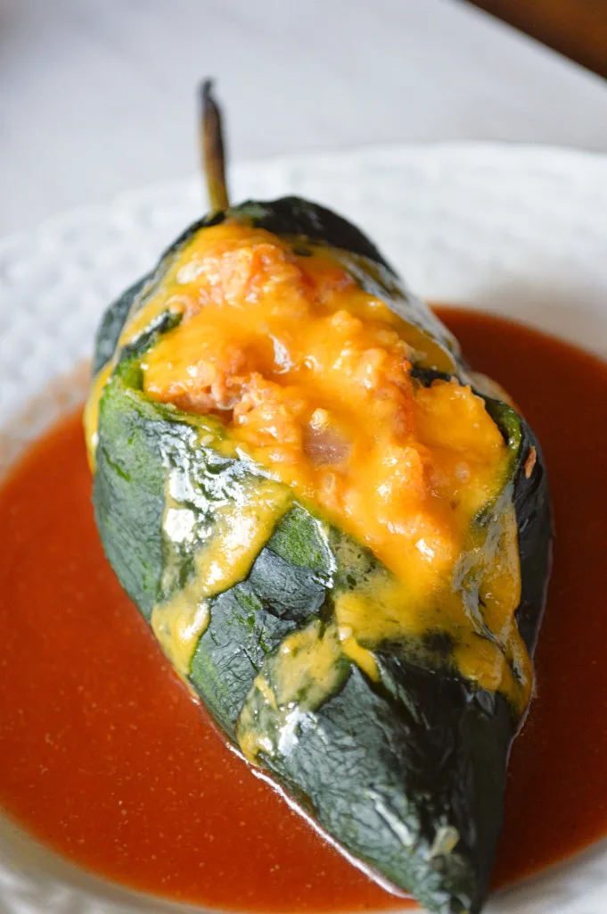 Chiles Rellenos: Tuna and quinoa stuffed in a poblano pepper with a smoky red sauce! | Kitchen Gidget
