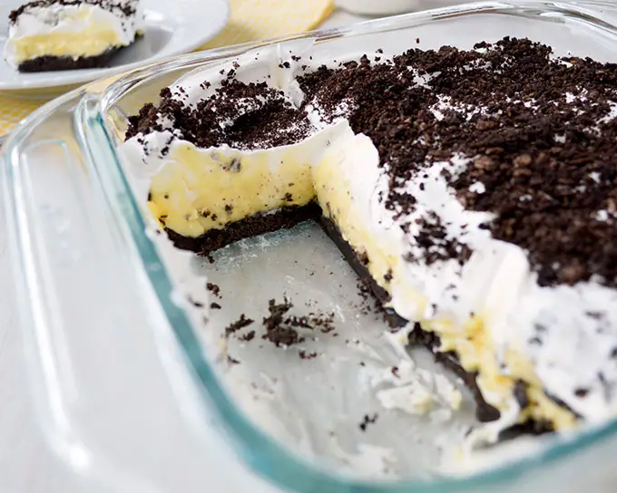 Oreo Cake: layers of pudding, cream cheese and whipped cream | Kitchen Gidget