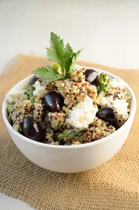 Quinoa Salad with Lemon Artichoke Pesto, olives, feta and asparagus | Kitchen Gidget