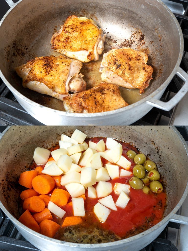 Step by step collage how to make pollo guisado