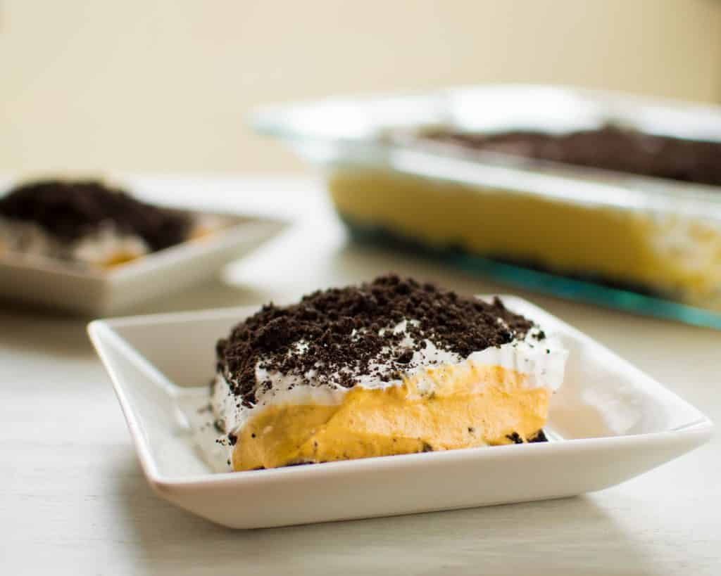 Pumpkin Oreo Delight: aka No-bake Layered Pudding Dessert Lasagna | Kitchen Gidget
