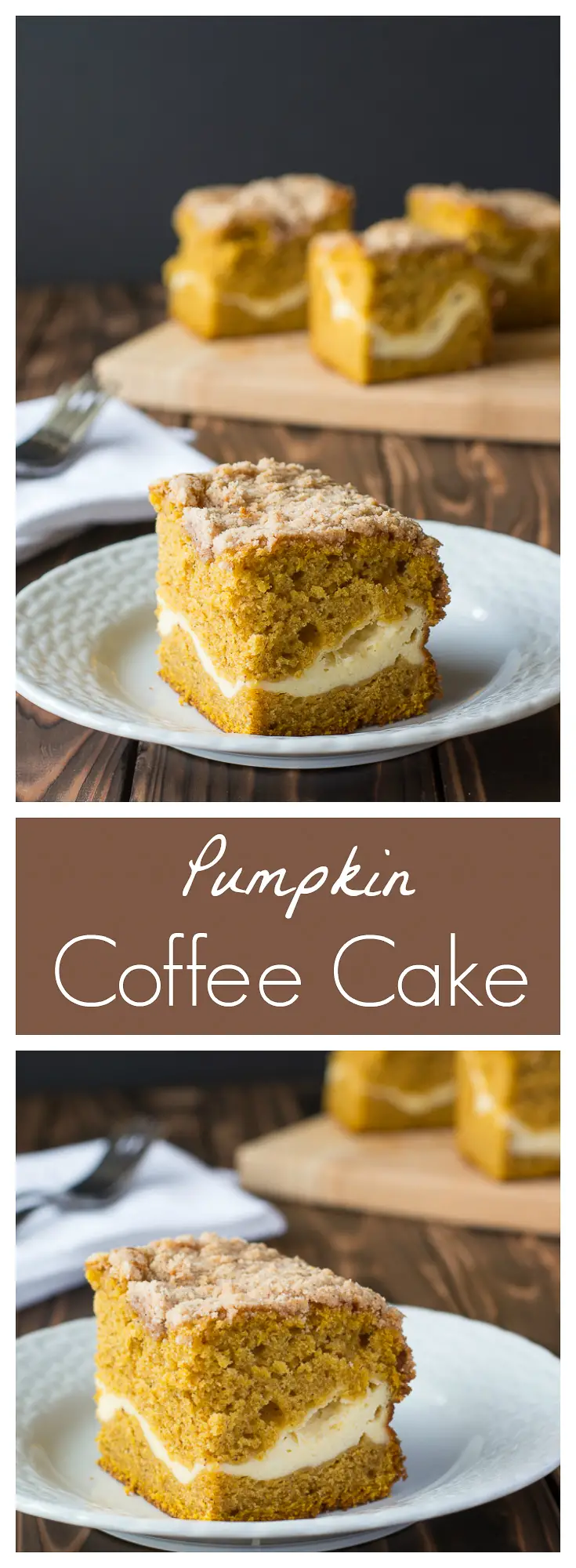 Pumpkin Coffee Cake layered with cream cheese and crispy streusel topping! | Kitchen Gidget