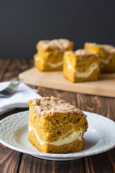 Pumpkin Coffee Cake with cream cheese and streusel topping! | Kitchen Gidget
