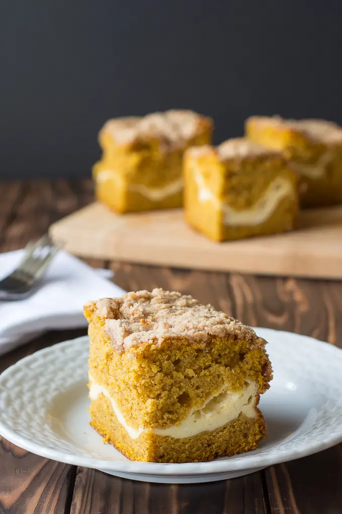 Pumpkin Coffee Cake with cream cheese and streusel topping! | Kitchen Gidget