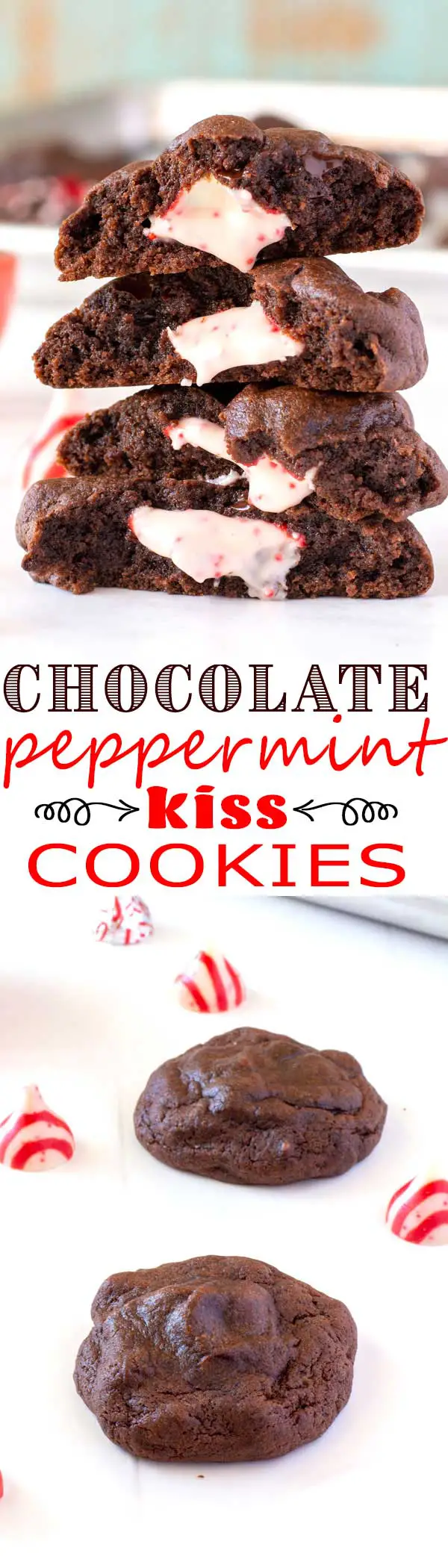 Candy Cane Kiss Cookies recipe - white chocolate peppermint kisses stuffed inside the most fudgy chocolate cookies! #christmas #christmascookies