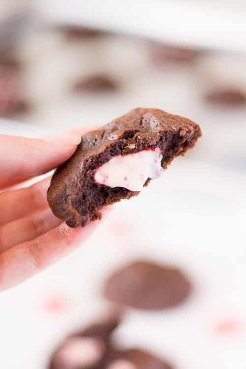 Chocolate Candy Cane Kiss Stuffed Cookies - soft and fudgy chocolate pudding cookies stuffed with peppermint swirled kisses and 5 types of chocolate to satisfy your cravings! | Kitchen Gidget