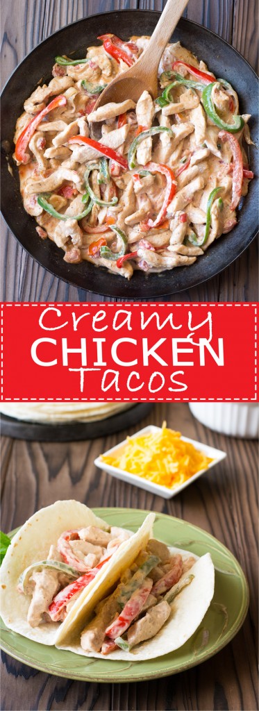 Creamy Chicken Tacos (fajitas) with peppers and salsa: quick and easy weeknight dinner! | Kitchen Gidget
