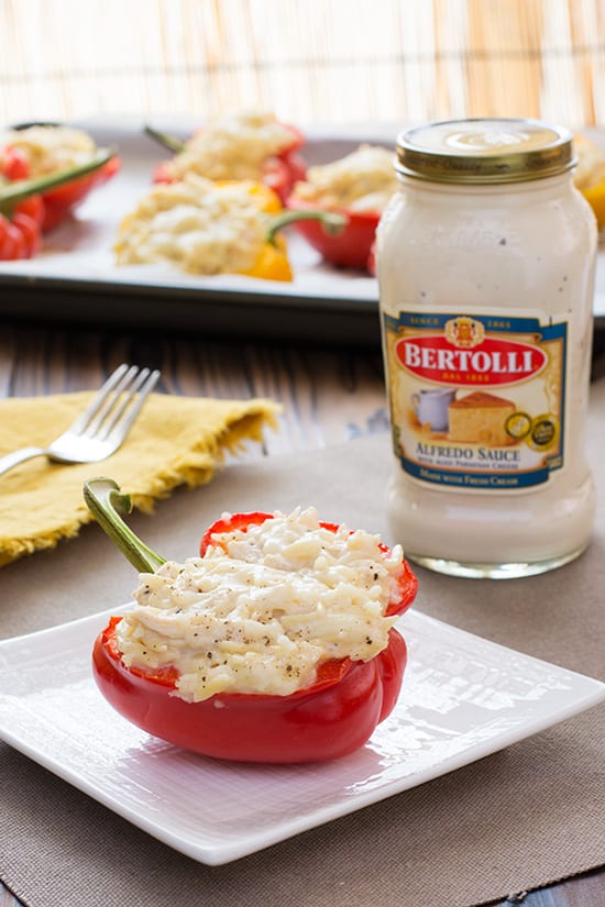 Creamy Chicken Alfredo Stuffed Peppers with orzo pasta. Only 5 ingredients for a quick and easy dinner! | Kitchen Gidget