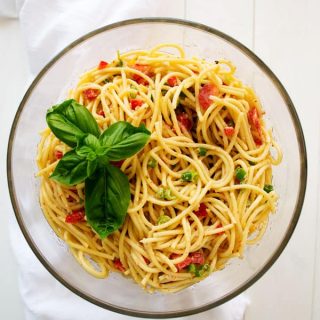 Chilled spaghetti salad with Italian dressing and a little mayonnaise. The zesty-creamy combo is the best of both worlds!