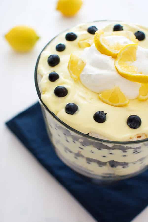 Fresh, juicy blueberries and bright, tart lemon pudding combine in a stunning dessert that will wow your guests. This mouthwatering lemon blueberry trifle is impressive yet incredibly easy!
