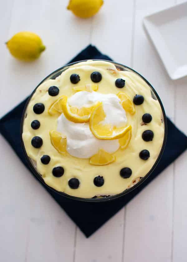 Fresh, juicy blueberries and bright, tart lemon pudding combine in a stunning dessert that will wow your guests. This mouthwatering lemon blueberry trifle is impressive yet incredibly easy!