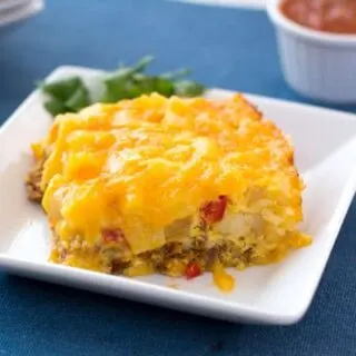 Southwestern Breakfast Casserole with chorizo sausage, hash browns and cheese! Take breakfast from boring to flavor-town with this easy egg bake!