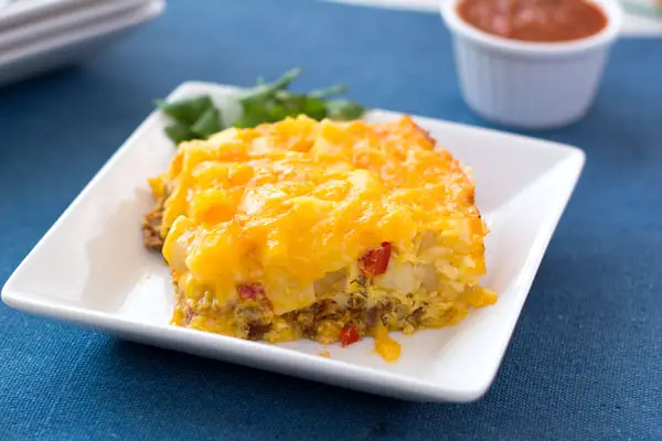 Southwestern Breakfast Casserole with chorizo sausage, hash browns and cheese! Take breakfast from boring to flavor-town with this easy egg bake!