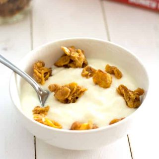 Crunchy granola clusters are easy to make with boxed cereal. Infused with cinnamon and vanilla, try these granola chunks on yogurt, ice cream or streusel for muffins!