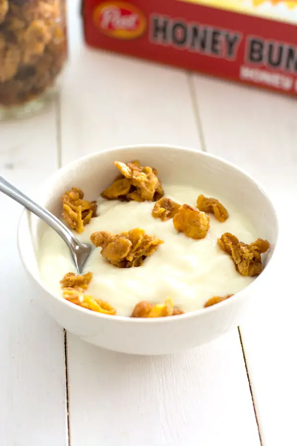Crunchy granola clusters are easy to make with boxed cereal. Infused with cinnamon and vanilla, try these granola chunks on yogurt, ice cream or streusel for muffins!