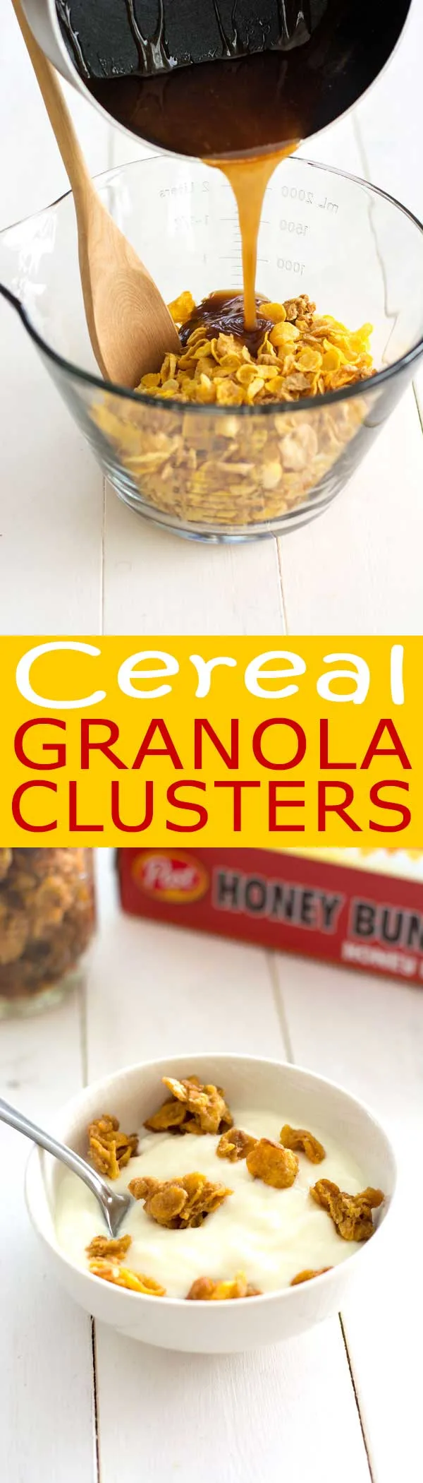 Crunchy granola clusters are easy to make with boxed cereal. Infused with cinnamon and vanilla, try these granola chunks on yogurt, ice cream or streusel for muffins!