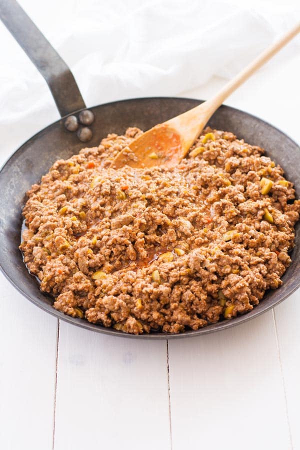 Puerto Rican Picadillo ground beef hash made with sofrito and olives con papas.