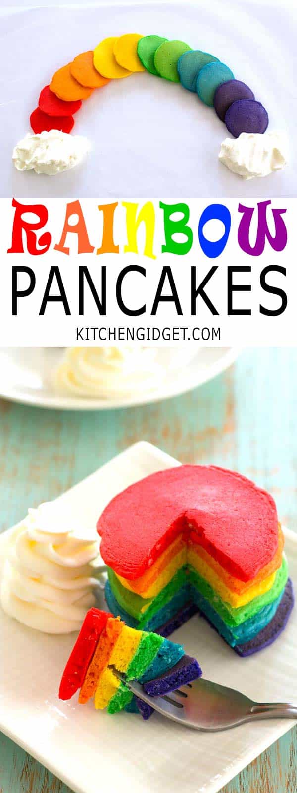 How to make rainbow pancakes for St. Patrick's Day breakfast! Colored pancakes with fluffy "clouds" of whipped cream are lucky indeed!