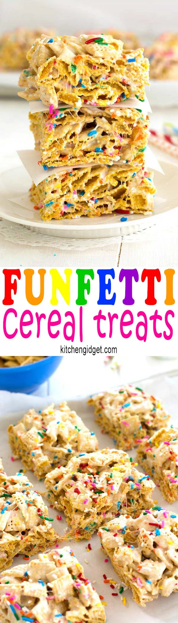 Funfetti Marshmallow Crispy Treats - cereal bars made with Chex, sprinkles and a hint of vanilla!