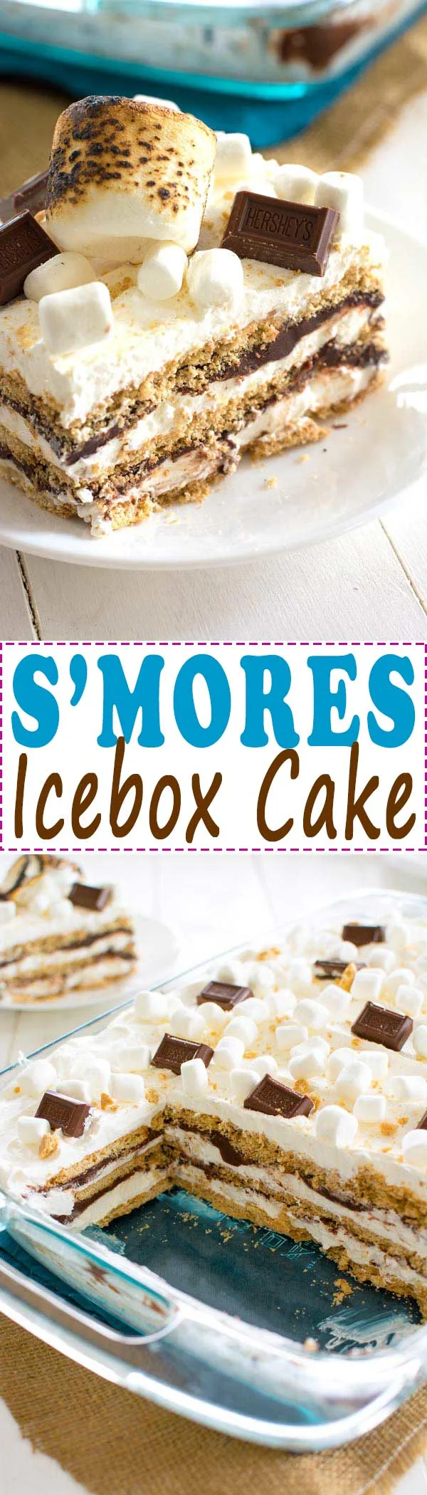 No-bake S'mores Icebox Cake with layers of graham crackers, marshmallow cream and chocolate - this dessert feeds a crowd!
