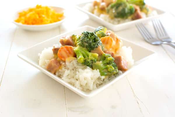 Lightened-up one pan cheesy ham dinner with broccoli. Use up that leftover ham!