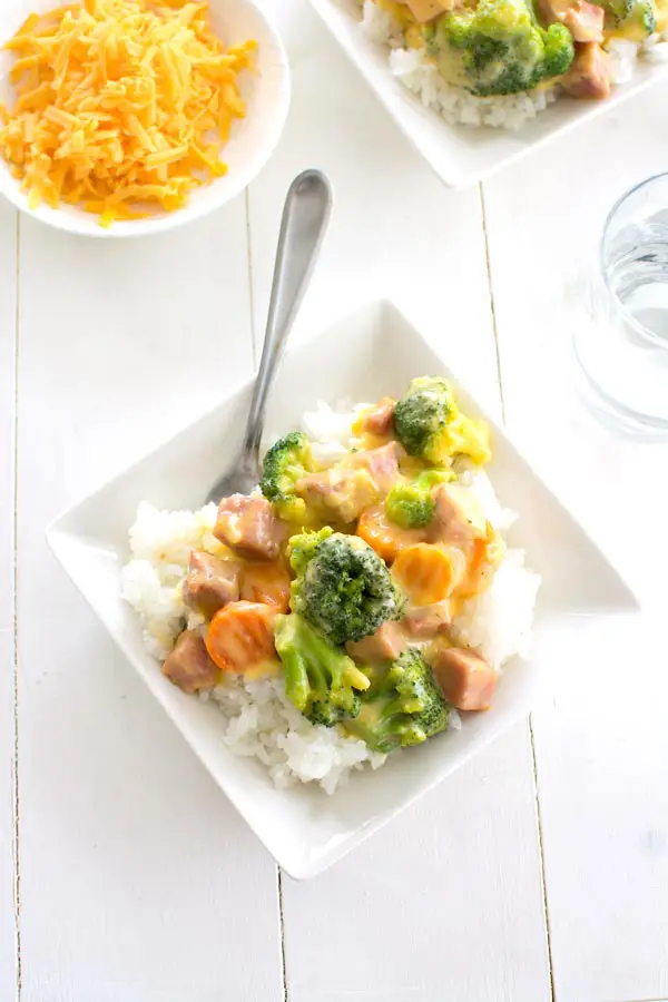 Lightened-up one pan cheesy ham dinner with broccoli. Use up that leftover ham!