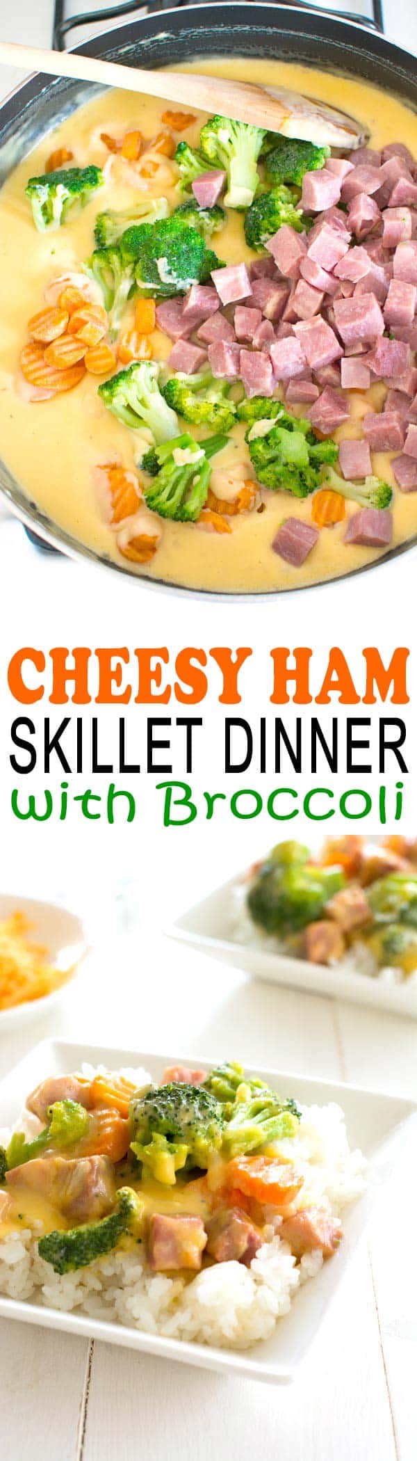 Lightened-up one pan cheesy ham dinner with broccoli. Use up that leftover ham!