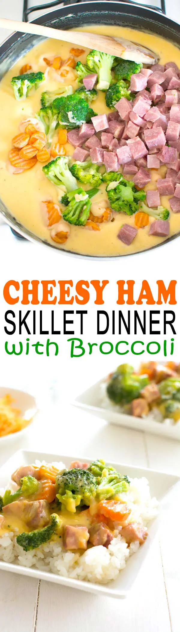 Lightened-up one pan cheesy ham dinner with broccoli. Use up that leftover ham!