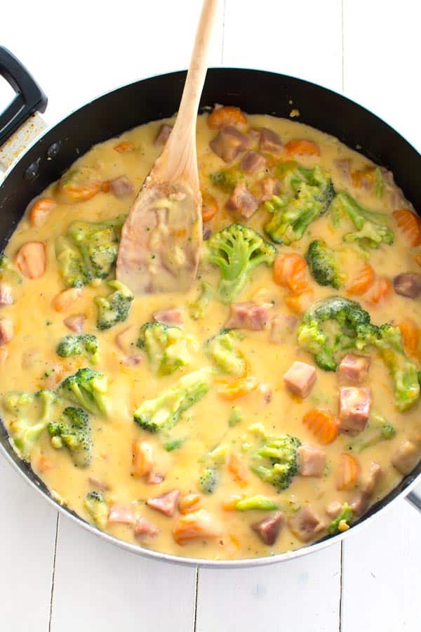 Lightened-up one pan cheesy ham dinner with broccoli. Use up that leftover ham!