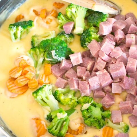 Lightened-up one pan cheesy ham dinner with broccoli. Use up that leftover ham!