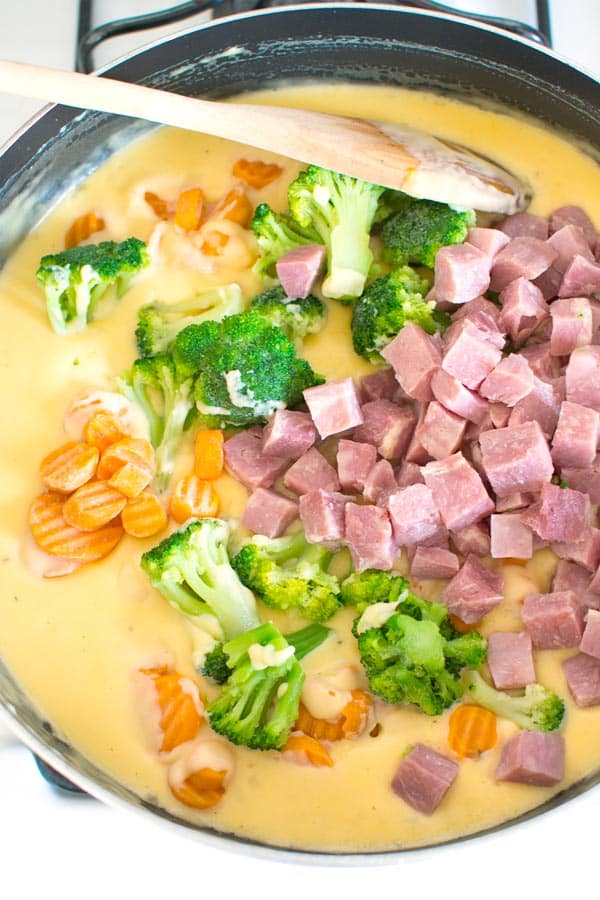 Lightened-up one pan cheesy ham dinner with broccoli. Use up that leftover ham!