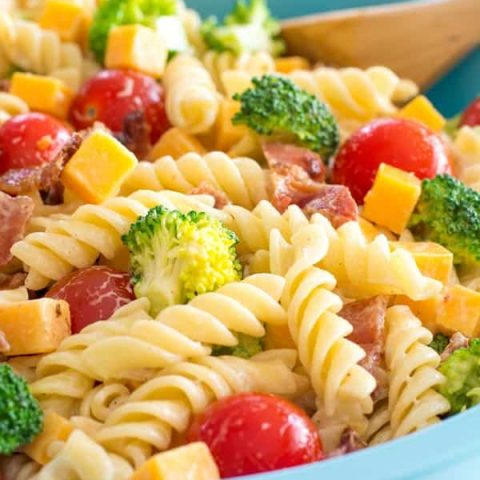 Bacon Cheddar Ranch Pasta Salad is a hit at potlucks! Or add chicken for an easy dinner with veggies!