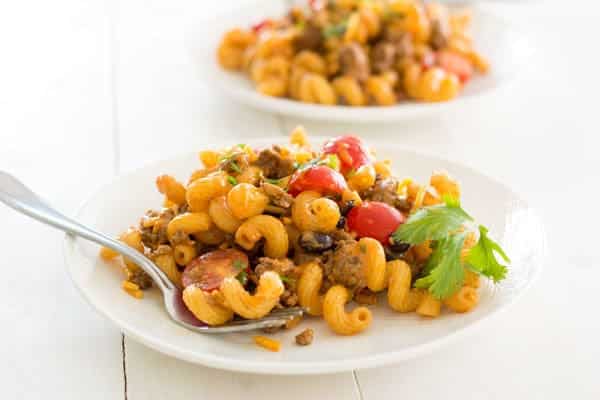 Cold Taco Pasta salad with ground beef and Catalina dressing - great for dinner or side dish for potlucks!
