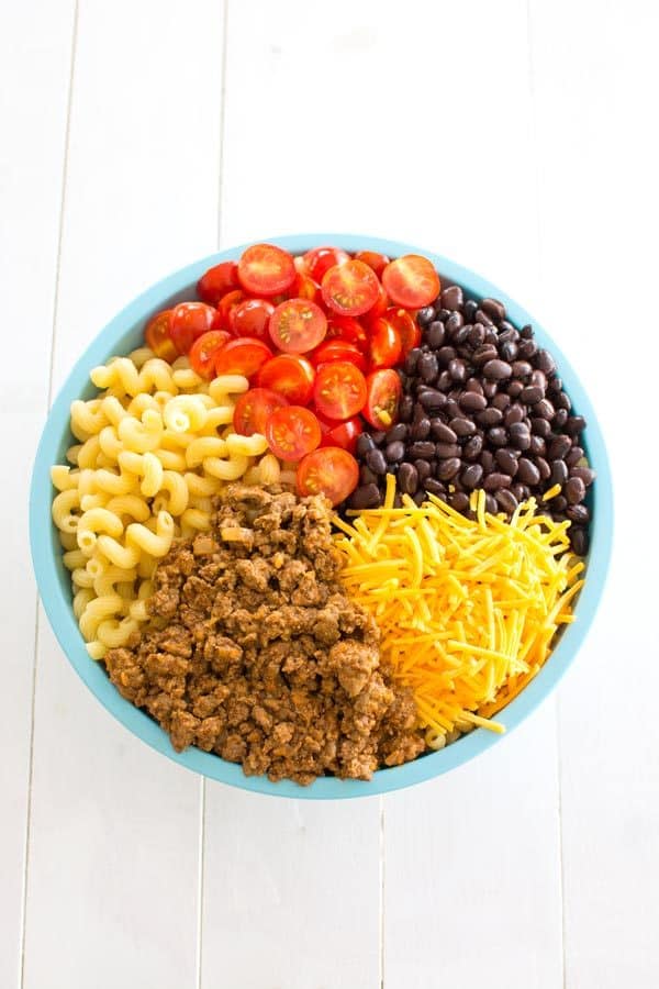 Cold Taco Pasta salad with ground beef and Catalina dressing - quick and easy dinner or side dish for potlucks!
