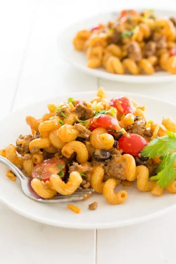 Cold Taco Pasta salad with ground beef and Catalina dressing - quick and easy dinner or side dish for potlucks!