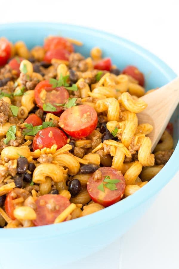 Cold Taco Pasta salad with ground beef and Catalina dressing - great for dinner or side dish for potlucks!