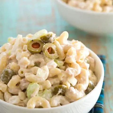 The best cold tuna pasta salad! This creamy macaroni salad with mayonnaise is great for potlucks or add peas for a complete meal!