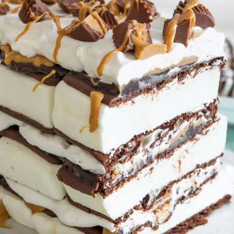 Peanut Butter Ice Cream Sandwich Cake recipe with reese's and fudge