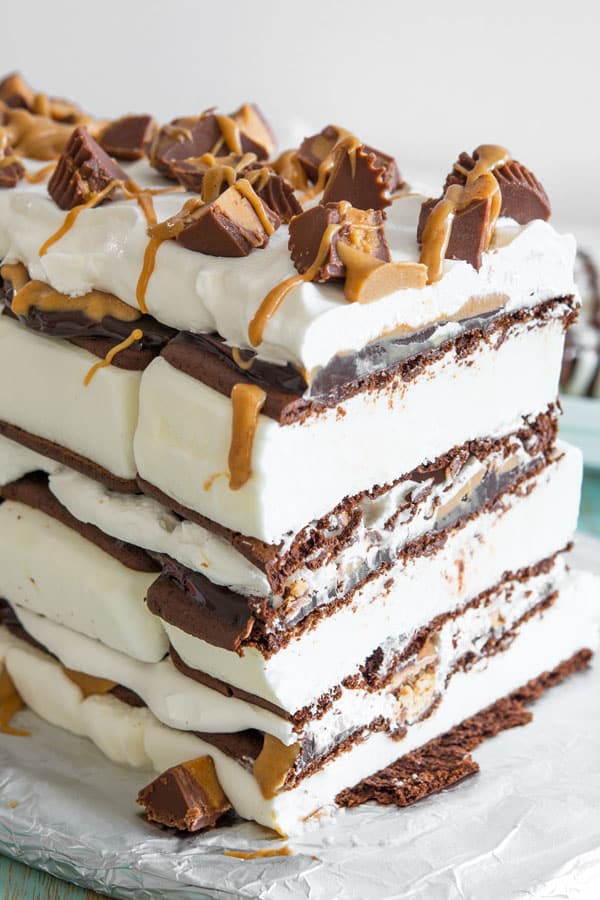 Peanut Butter Ice Cream Sandwich Cake recipe with reese's and fudge