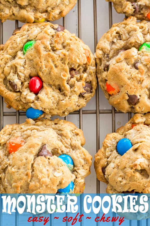 The best soft and chewy giant monster cookies with peanut butter and oatmeal. Easy recipe done in less than 30 minutes! #dessert #cookies #cookierecipes #peanutbutter