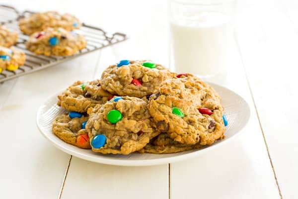 Easy Monster Cookies recipe with peanut butter, oatmeal and M&Ms