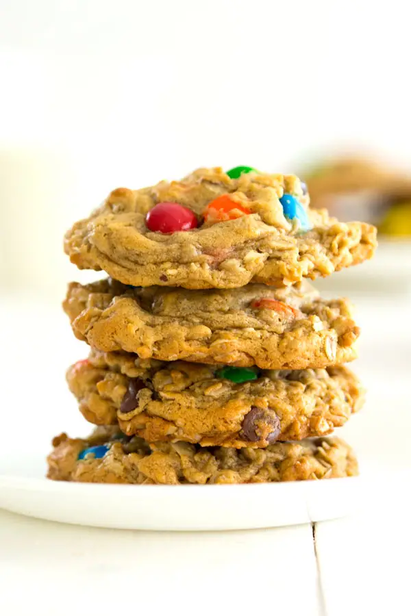 Easy Monster Cookies recipe with peanut butter, oatmeal and M&Ms