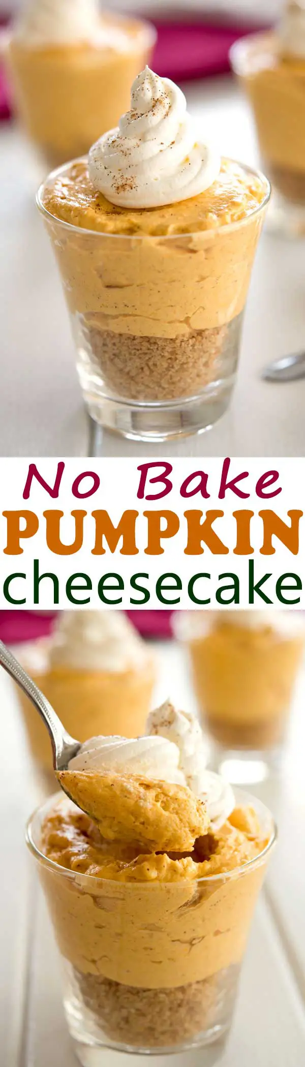 Easy no bake pumpkin cheesecake served in a jar or mini cups for a cute Thanksgiving or Fall dessert recipe! #dessert #thanksgiving #pumpkin