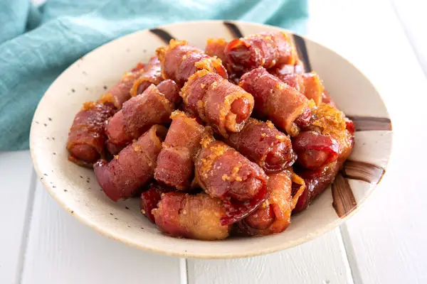 Little Smokies Wrapped in Bacon with brown sugar - my recipe go-to for parties, super bowl, parties, etc!