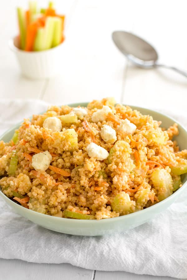 Buffalo Chicken Quinoa Salad with blue cheese, celery, carrots and creamy hot sauce dressing
