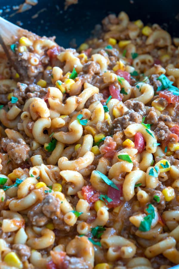 Close up of spicy Mexican Goulash pasta skillet