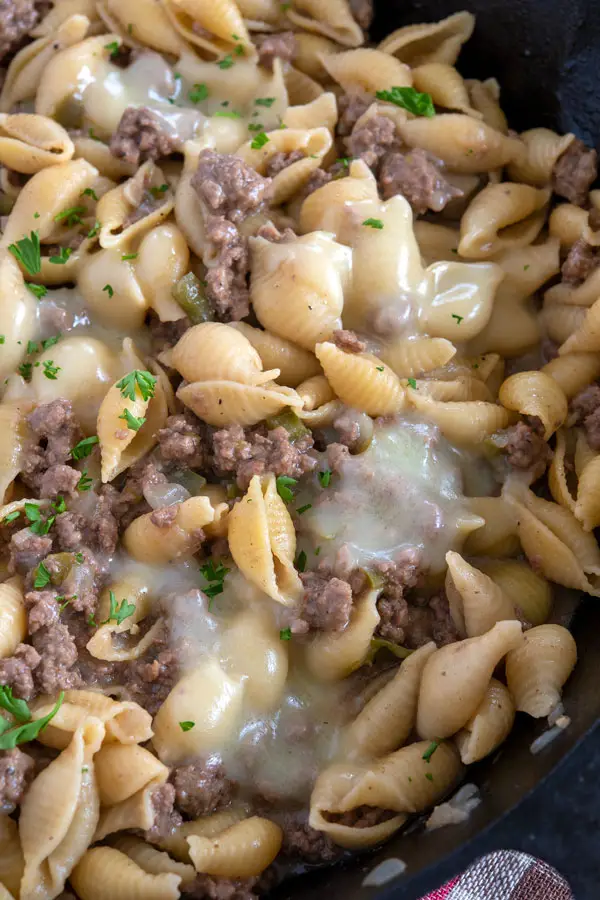 Philly Cheesesteak Pasta - close up view